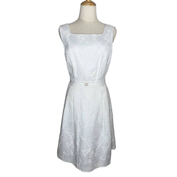 Ellen Tracy Floral Texture Fit & Flare Ivory White Dress Rhinestone Belt  8P - Picture 2 of 11